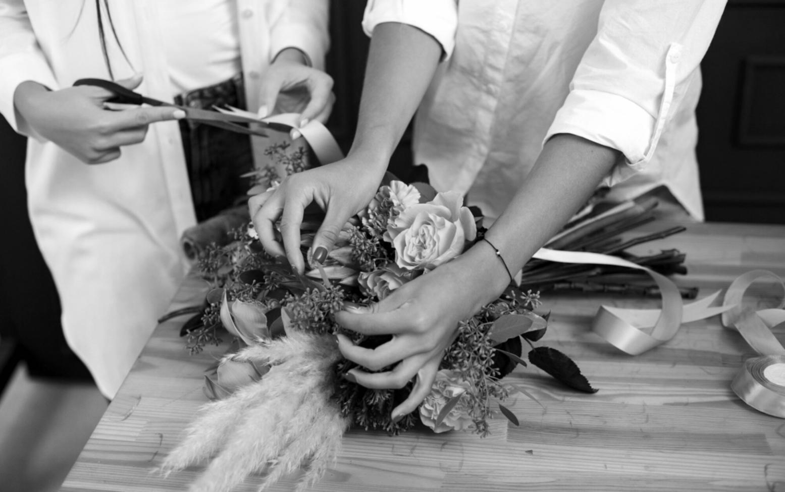 Custom floral arrangement being prepared in our workshop